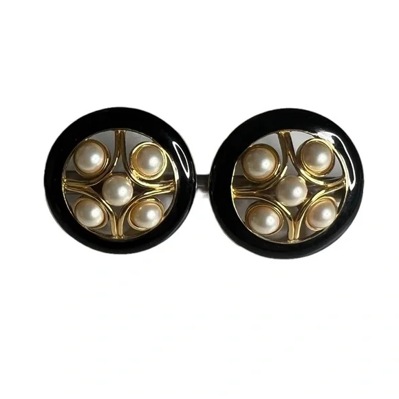 Monet Vintage Back Clasp Earrings With Gold + Pearl In Center - Picture 7 of 7